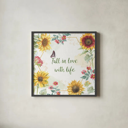 Sunflower Splendor II by Beth Grove. Shown in a sleek black glass frame for a contemporary gallery look. Available as an archival giclee rolled canvas, fine art paper, or poster print. SKU 65340a.