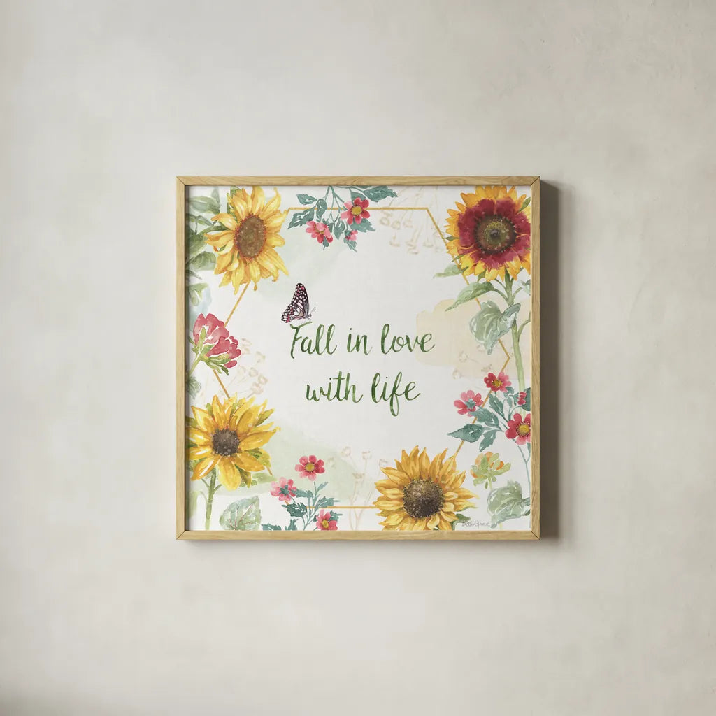 Sunflower Splendor II by Beth Grove. Shown in a natural wood glass frame for a timeless modern aesthetic. Available as an archival giclee rolled canvas, fine art paper, or poster print. SKU 65340a.