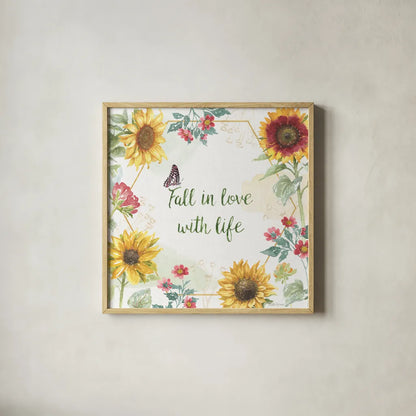 Sunflower Splendor II by Beth Grove. Shown in a natural wood glass frame for a timeless modern aesthetic. Available as an archival giclee rolled canvas, fine art paper, or poster print. SKU 65340a.