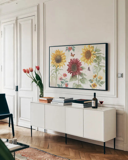 Sunflower Splendor IV by Beth Grove. shown as a framed stretched canvas in a living room above a console. Available as a archival giclee rolled canvas, fine art paper, or poster print. SKU 65342i.
