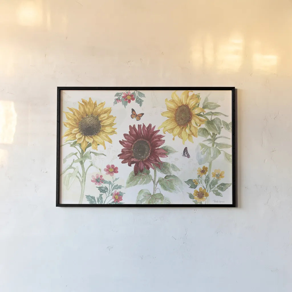 Sunflower Splendor IV by Beth Grove. shown as a paper print in a black flame. Available as a archival giclee rolled canvas, fine art paper, or poster print. SKU 65342i.