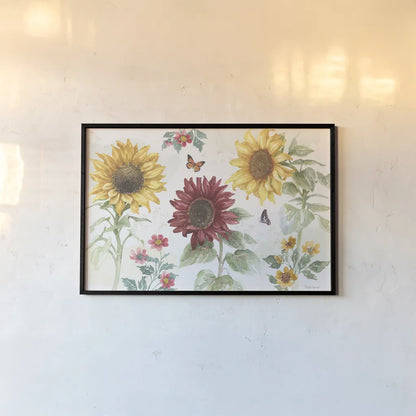 Sunflower Splendor IV by Beth Grove. shown as a paper print in a black flame. Available as a archival giclee rolled canvas, fine art paper, or poster print. SKU 65342i.