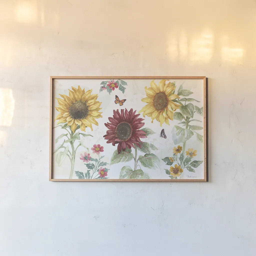 Sunflower Splendor IV by Beth Grove. shown as a paper print in a natural frame. Available as a archival giclee rolled canvas, fine art paper, or poster print. SKU 65342i.