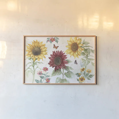 Sunflower Splendor IV by Beth Grove. shown as a paper print in a natural frame. Available as a archival giclee rolled canvas, fine art paper, or poster print. SKU 65342i.
