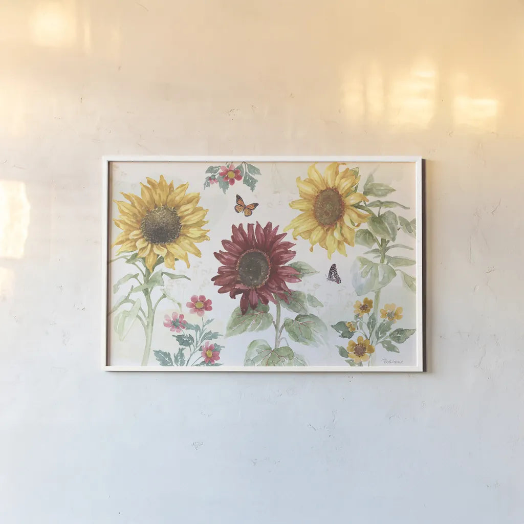 Sunflower Splendor IV by Beth Grove. shown as a paper print in a white frame. Available as a archival giclee rolled canvas, fine art paper, or poster print. SKU 65342i.