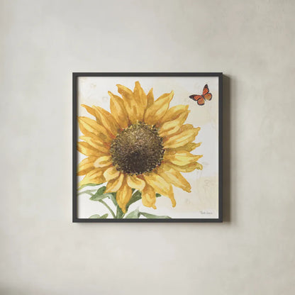 Sunflower Splendor IX by Beth Grove. Shown in a sleek black glass frame for a contemporary gallery look. Available as an archival giclee rolled canvas, fine art paper, or poster print. SKU 65347a.