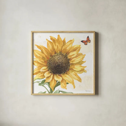 Sunflower Splendor IX by Beth Grove. Shown in a natural wood glass frame for a timeless modern aesthetic. Available as an archival giclee rolled canvas, fine art paper, or poster print. SKU 65347a.