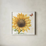 Sunflower Splendor IX by Beth Grove. Shown in a crisp white glass frame for a clean and minimalist style. Available as an archival giclee rolled canvas, fine art paper, or poster print. SKU 65347a.