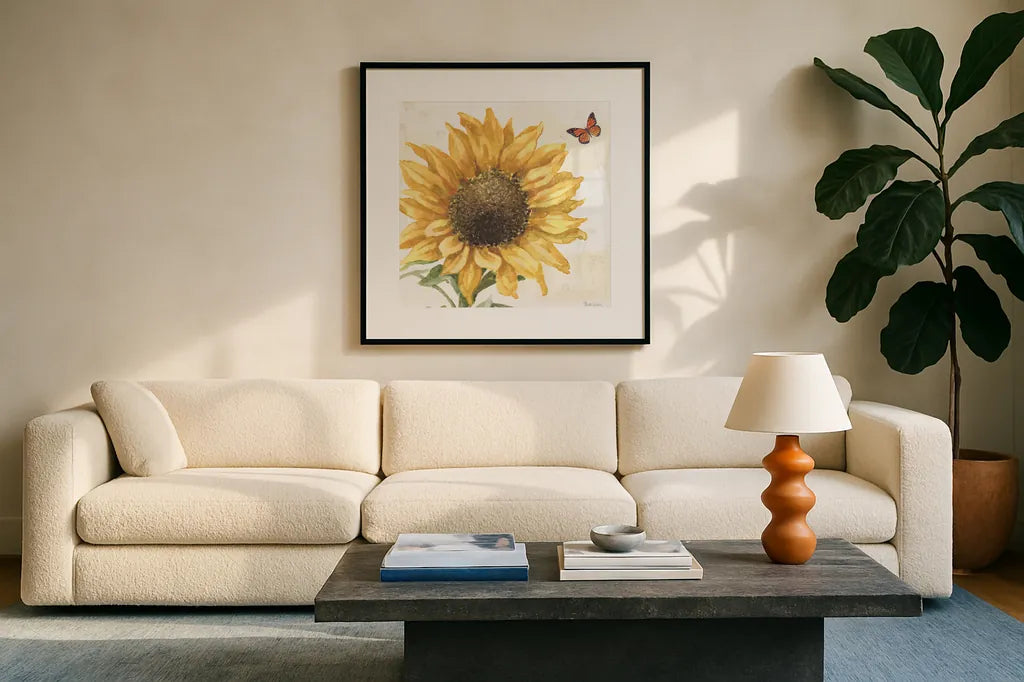 Sunflower Splendor IX by Beth Grove. Displayed in a glass frame with matte in a clean modern living room. Available as an archival giclee rolled canvas, fine art paper, or poster print. SKU 65347a.