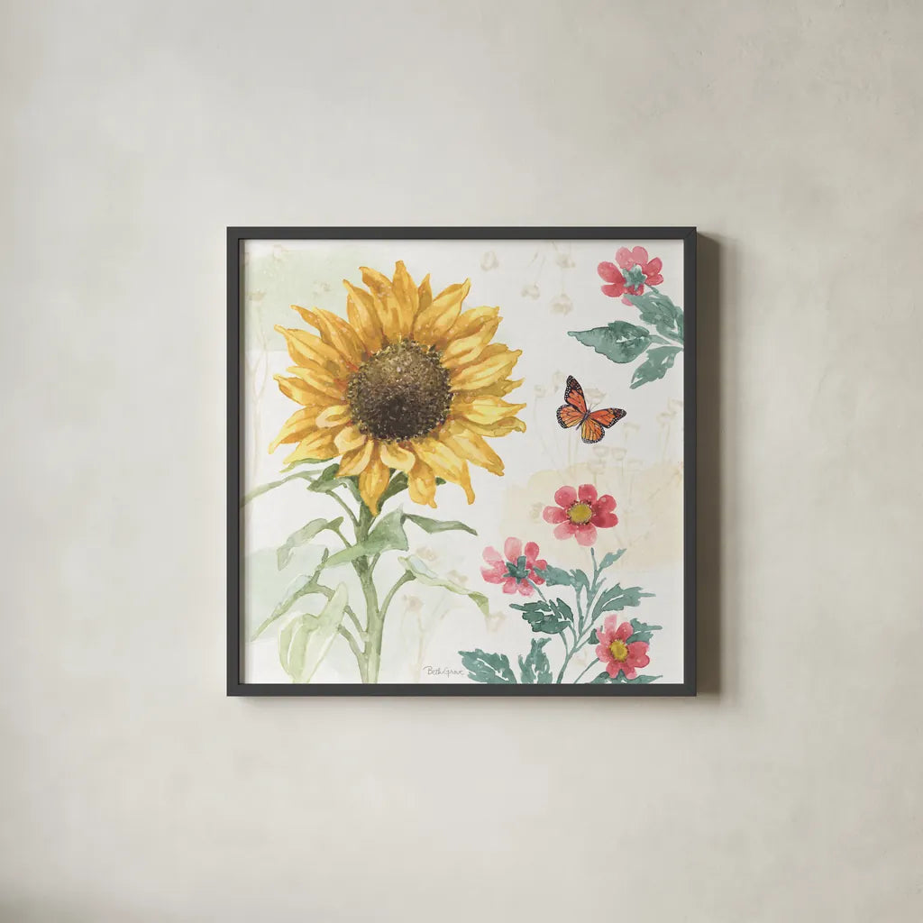 Sunflower Splendor V by Beth Grove. Shown in a sleek black glass frame for a contemporary gallery look. Available as an archival giclee rolled canvas, fine art paper, or poster print. SKU 65343a.
