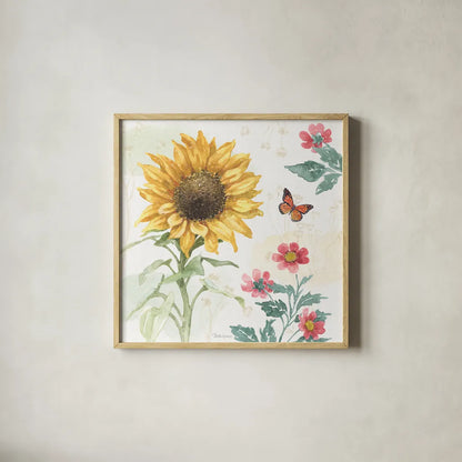 Sunflower Splendor V by Beth Grove. Shown in a natural wood glass frame for a timeless modern aesthetic. Available as an archival giclee rolled canvas, fine art paper, or poster print. SKU 65343a.