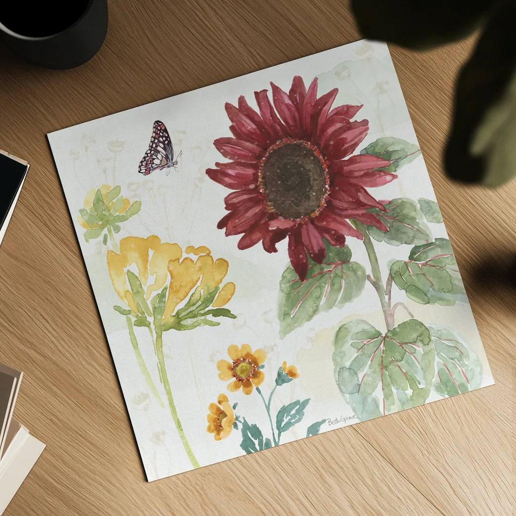 Sunflower Splendor VI by Beth Grove. Shown as a detailed flat fine art print, highlighting archival giclee quality. Available as an archival giclee rolled canvas, fine art paper, or poster print. SKU 65344a.