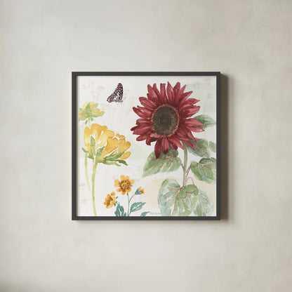 Sunflower Splendor VI by Beth Grove. Shown in a sleek black glass frame for a contemporary gallery look. Available as an archival giclee rolled canvas, fine art paper, or poster print. SKU 65344a.