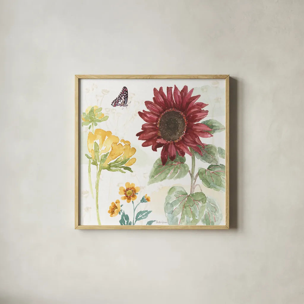 Sunflower Splendor VI by Beth Grove. Shown in a natural wood glass frame for a timeless modern aesthetic. Available as an archival giclee rolled canvas, fine art paper, or poster print. SKU 65344a.