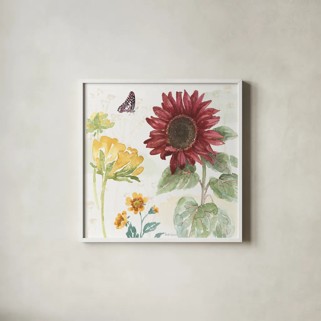 Sunflower Splendor VI by Beth Grove. Shown in a crisp white glass frame for a clean and minimalist style. Available as an archival giclee rolled canvas, fine art paper, or poster print. SKU 65344a.