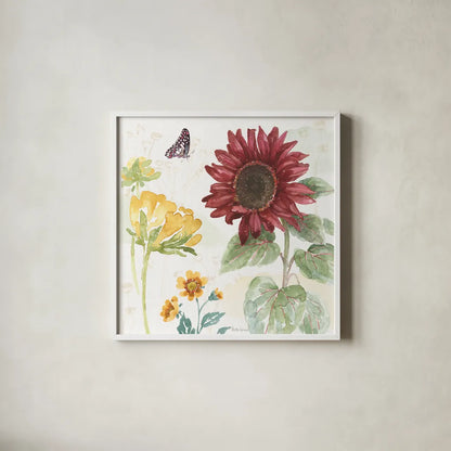 Sunflower Splendor VI by Beth Grove. Shown in a crisp white glass frame for a clean and minimalist style. Available as an archival giclee rolled canvas, fine art paper, or poster print. SKU 65344a.