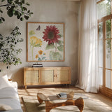 Sunflower Splendor VI by Beth Grove. Shown in a natural wood frame in a cozy modern living room. Available as an archival giclee rolled canvas, fine art paper, or poster print. SKU 65344a.