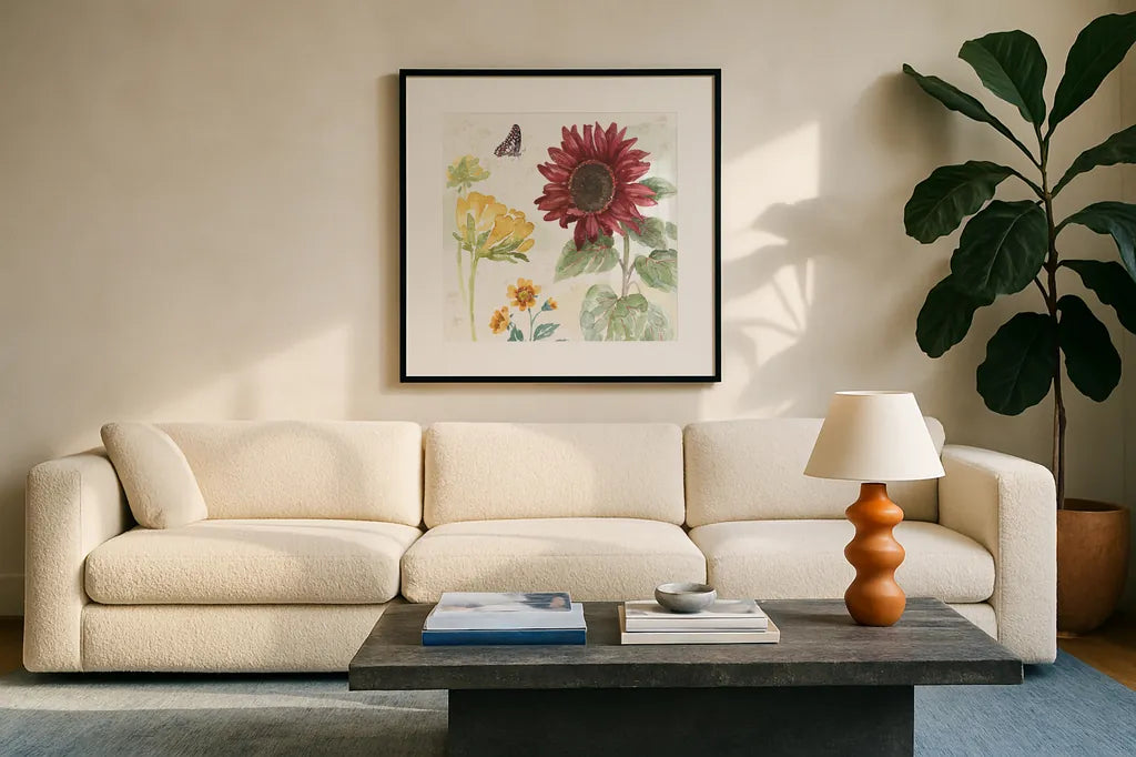 Sunflower Splendor VI by Beth Grove. Displayed in a glass frame with matte in a clean modern living room. Available as an archival giclee rolled canvas, fine art paper, or poster print. SKU 65344a.