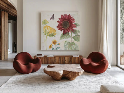 Sunflower Splendor VI by Beth Grove. Shown as extra-large giant wall art in a modern living room. Available as an archival giclee rolled canvas, fine art paper, or poster print. SKU 65344a.