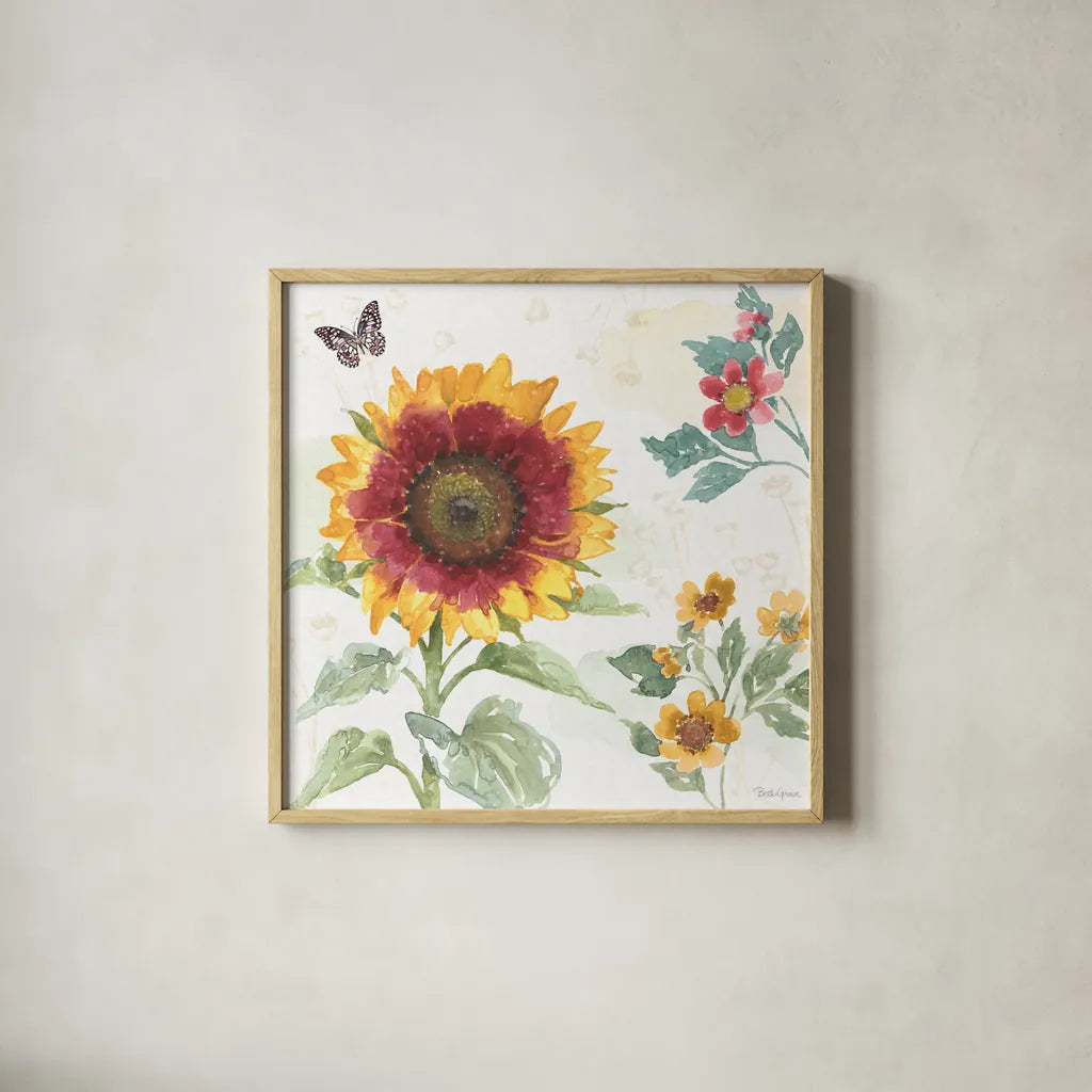 Sunflower Splendor VII by Beth Grove. Shown in a natural wood glass frame for a timeless modern aesthetic. Available as an archival giclee rolled canvas, fine art paper, or poster print. SKU 65345a.