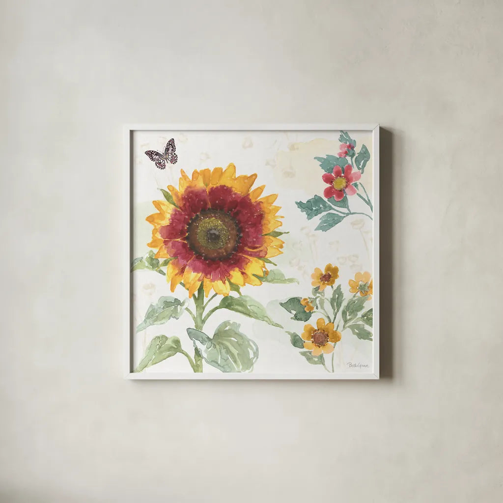 Sunflower Splendor VII by Beth Grove. Shown in a crisp white glass frame for a clean and minimalist style. Available as an archival giclee rolled canvas, fine art paper, or poster print. SKU 65345a.