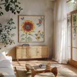Sunflower Splendor VII by Beth Grove. Shown in a natural wood frame in a cozy modern living room. Available as an archival giclee rolled canvas, fine art paper, or poster print. SKU 65345a.