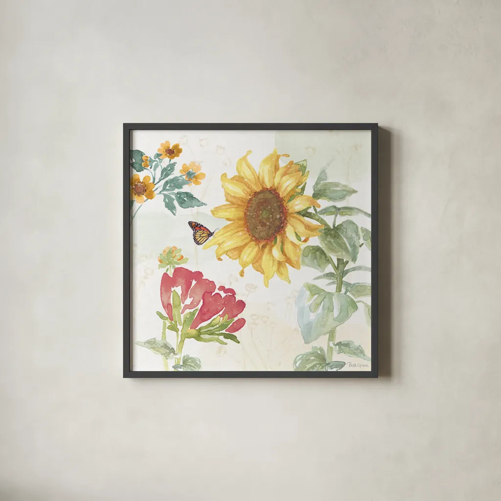 Sunflower Splendor VIII by Beth Grove. Shown in a sleek black glass frame for a contemporary gallery look. Available as an archival giclee rolled canvas, fine art paper, or poster print. SKU 65346a.