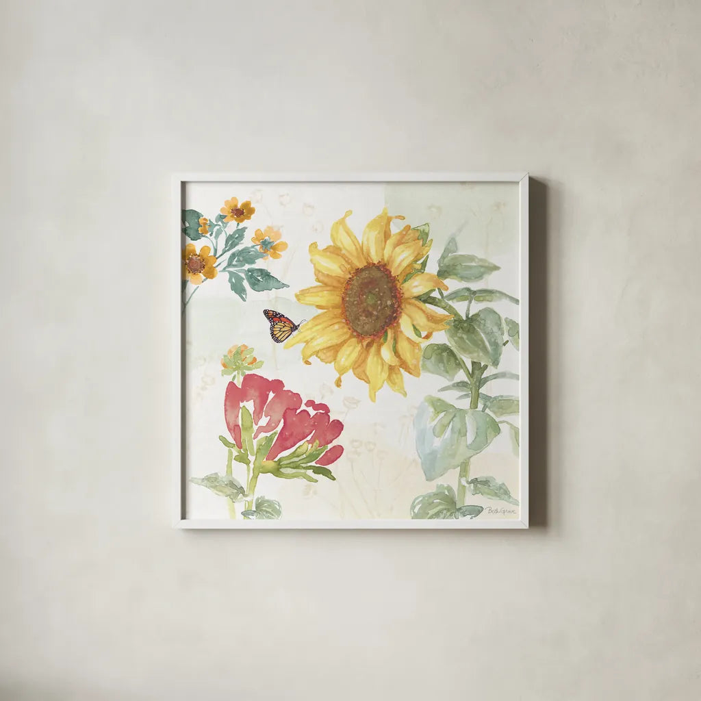 Sunflower Splendor VIII by Beth Grove. Shown in a crisp white glass frame for a clean and minimalist style. Available as an archival giclee rolled canvas, fine art paper, or poster print. SKU 65346a.