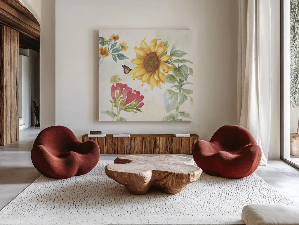 Sunflower Splendor VIII by Beth Grove. Shown as extra-large giant wall art in a modern living room. Available as an archival giclee rolled canvas, fine art paper, or poster print. SKU 65346a.
