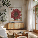 Sunflower Splendor X by Beth Grove. Shown in a natural wood frame in a cozy modern living room. Available as an archival giclee rolled canvas, fine art paper, or poster print. SKU 65348a.
