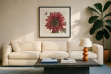 Sunflower Splendor X by Beth Grove. Displayed in a glass frame with matte in a clean modern living room. Available as an archival giclee rolled canvas, fine art paper, or poster print. SKU 65348a.