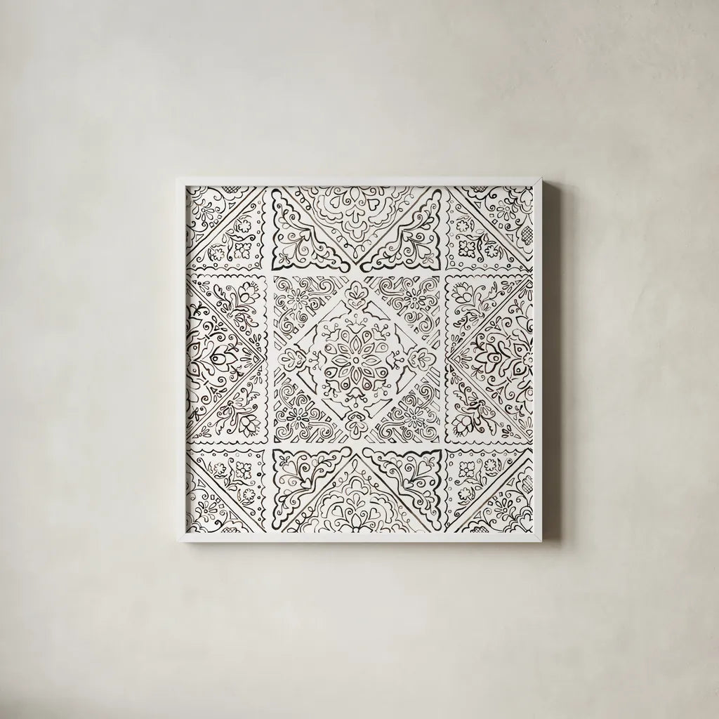 Sunny Bouquet Pattern IIIB by Beth Grove. Shown in a crisp white glass frame for a clean and minimalist style. Available as an archival giclee rolled canvas, fine art paper, or poster print. SKU 37160a.