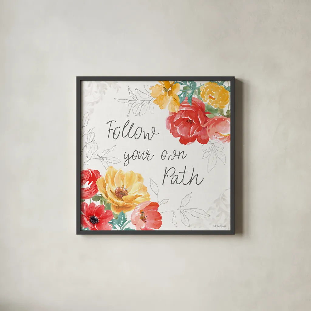 Sunny Bouquets V by Beth Grove. Shown in a sleek black glass frame for a contemporary gallery look. Available as an archival giclee rolled canvas, fine art paper, or poster print. SKU 92407a.