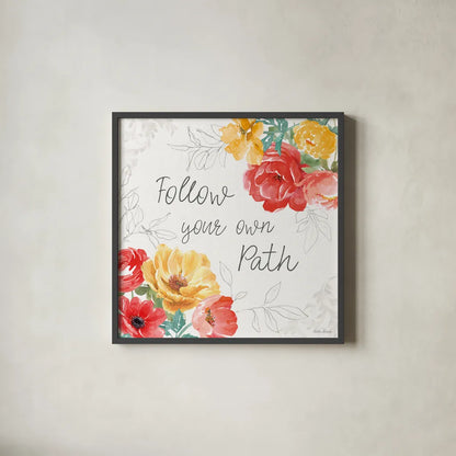 Sunny Bouquets V by Beth Grove. Shown in a sleek black glass frame for a contemporary gallery look. Available as an archival giclee rolled canvas, fine art paper, or poster print. SKU 92407a.