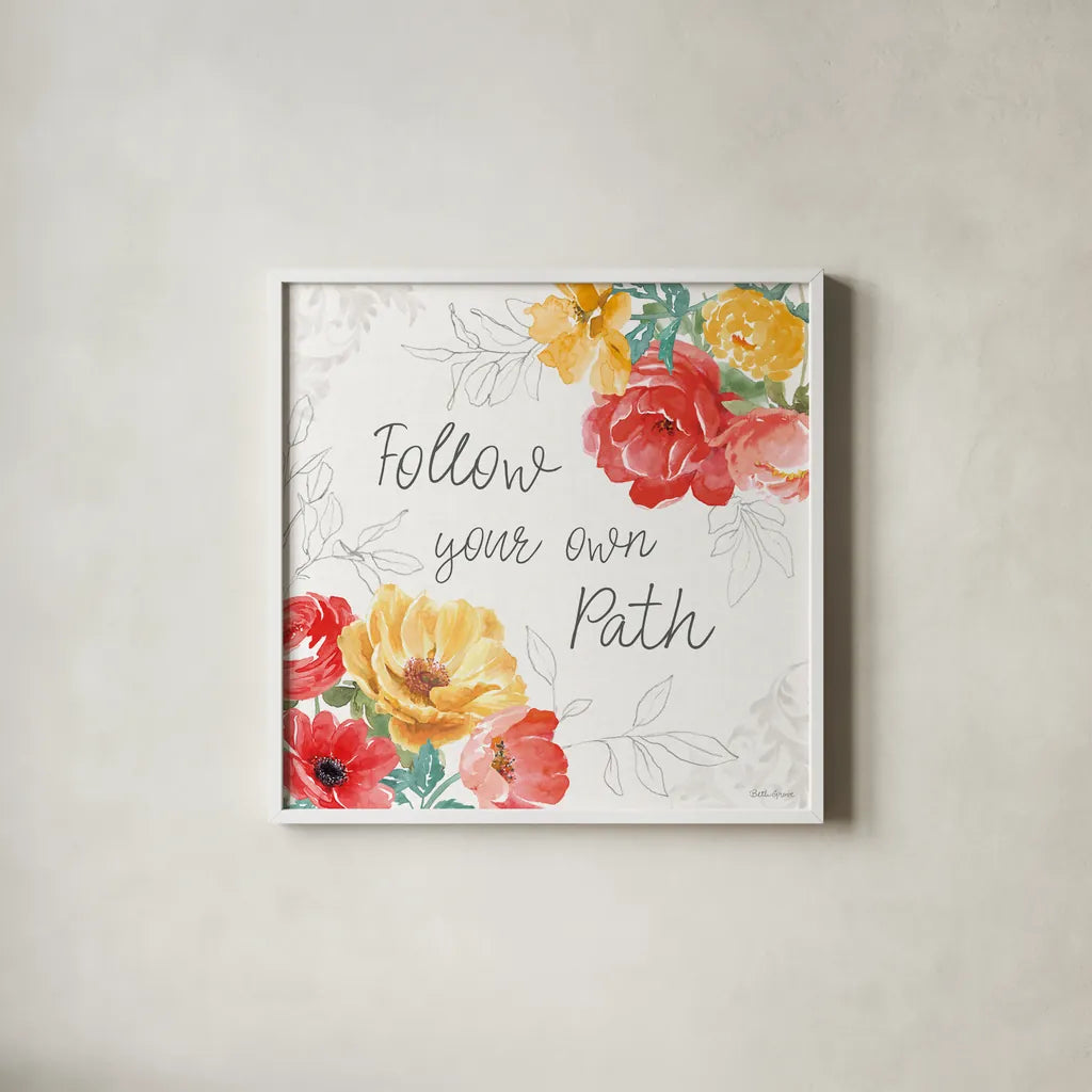 Sunny Bouquets V by Beth Grove. Shown in a crisp white glass frame for a clean and minimalist style. Available as an archival giclee rolled canvas, fine art paper, or poster print. SKU 92407a.