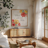 Sunny Bouquets V by Beth Grove. Shown in a natural wood frame in a cozy modern living room. Available as an archival giclee rolled canvas, fine art paper, or poster print. SKU 92407a.