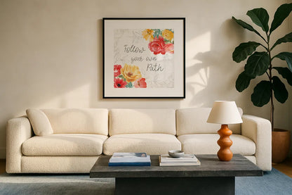 Sunny Bouquets V by Beth Grove. Displayed in a glass frame with matte in a clean modern living room. Available as an archival giclee rolled canvas, fine art paper, or poster print. SKU 92407a.