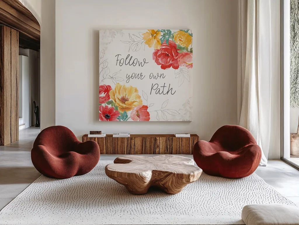 Sunny Bouquets V by Beth Grove. Shown as extra-large giant wall art in a modern living room. Available as an archival giclee rolled canvas, fine art paper, or poster print. SKU 92407a.