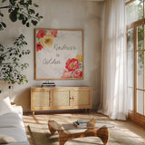 Sunny Bouquets VI by Beth Grove. Shown in a natural wood frame in a cozy modern living room. Available as an archival giclee rolled canvas, fine art paper, or poster print. SKU 92408a.