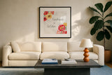 Sunny Bouquets VI by Beth Grove. Displayed in a glass frame with matte in a clean modern living room. Available as an archival giclee rolled canvas, fine art paper, or poster print. SKU 92408a.