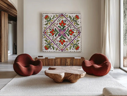 Sunny Bouquets VII by Beth Grove. Shown as extra-large giant wall art in a modern living room. Available as an archival giclee rolled canvas, fine art paper, or poster print. SKU 34939a.