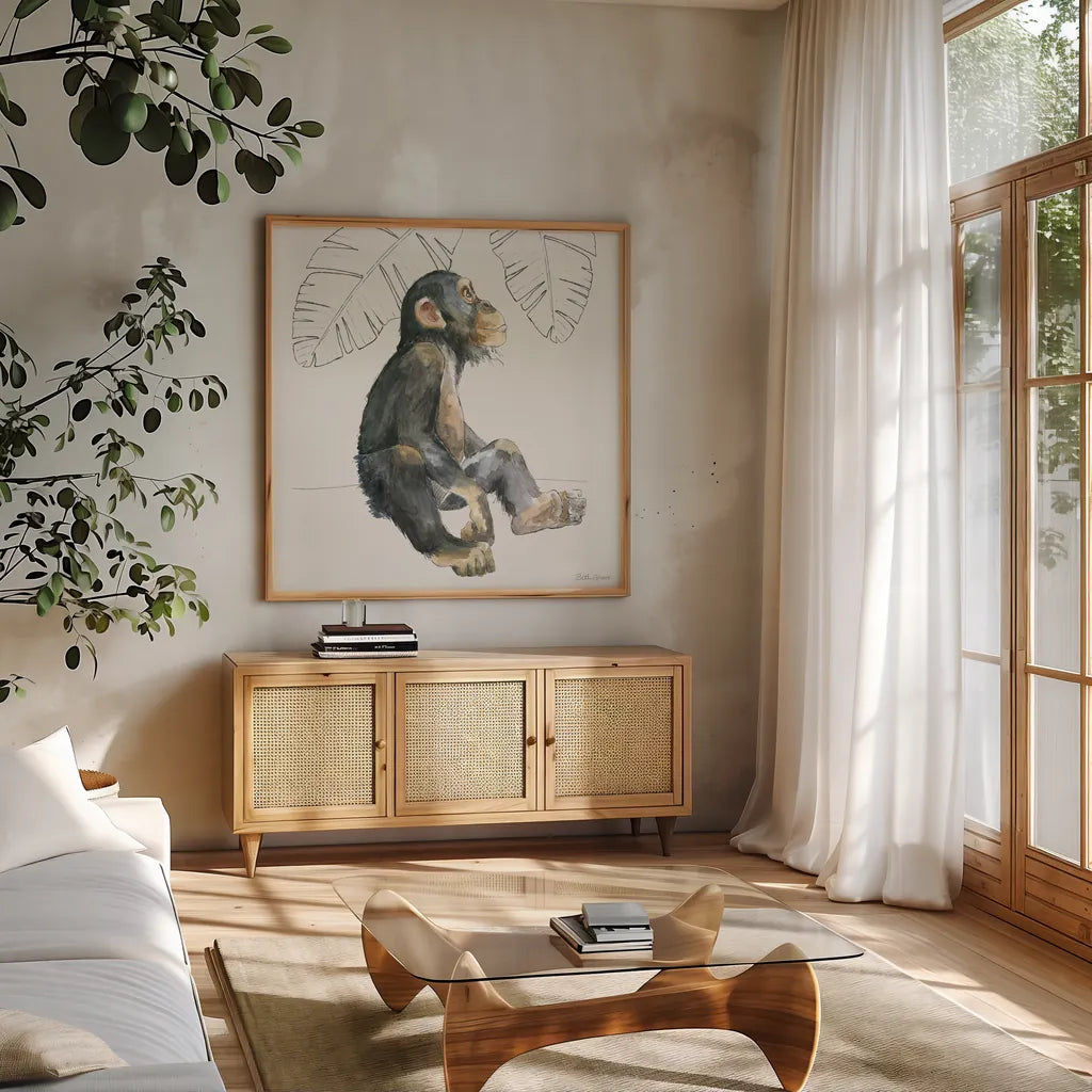 Sweet Animals II by Beth Grove. Shown in a natural wood frame in a cozy modern living room. Available as an archival giclee rolled canvas, fine art paper, or poster print. SKU 94611a.