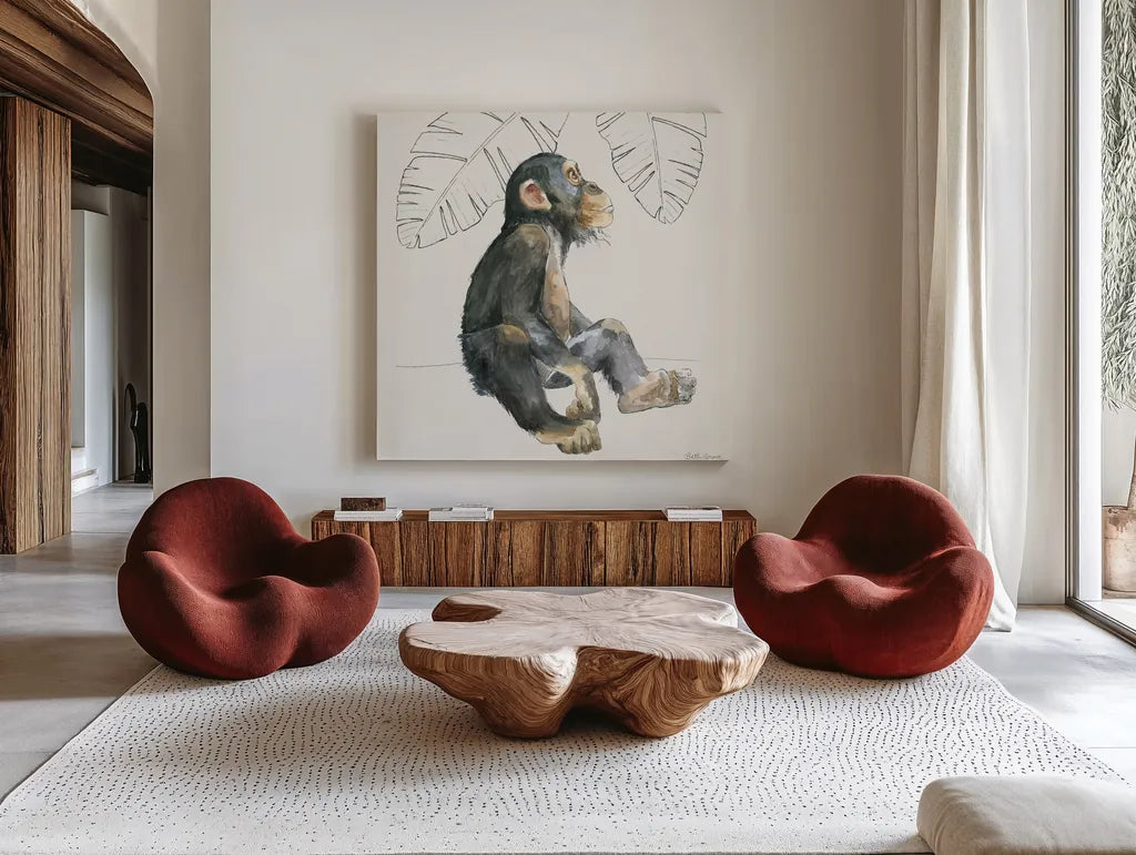 Sweet Animals II by Beth Grove. Shown as extra-large giant wall art in a modern living room. Available as an archival giclee rolled canvas, fine art paper, or poster print. SKU 94611a.