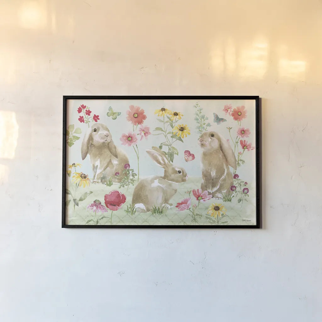 Sweet Bunnies I by Beth Grove. shown as a paper print in a black flame. Available as a archival giclee rolled canvas, fine art paper, or poster print. SKU 59905i.