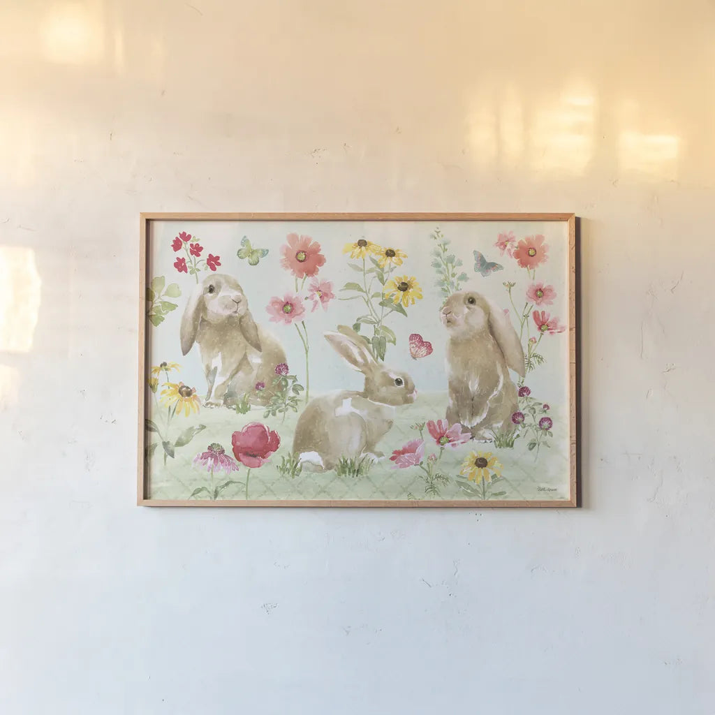 Sweet Bunnies I by Beth Grove. shown as a paper print in a natural frame. Available as a archival giclee rolled canvas, fine art paper, or poster print. SKU 59905i.