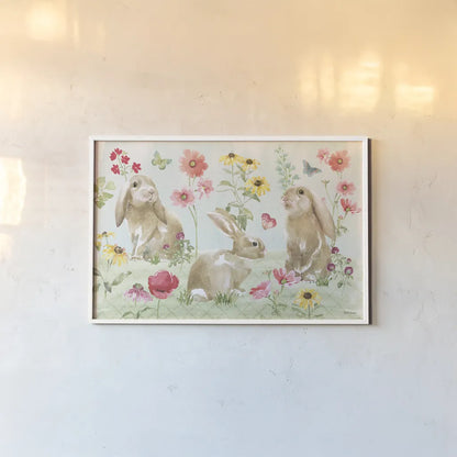 Sweet Bunnies I by Beth Grove. shown as a paper print in a white frame. Available as a archival giclee rolled canvas, fine art paper, or poster print. SKU 59905i.