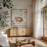 Sweet Bunnies VI by Beth Grove. Shown in a natural wood frame in a cozy modern living room. Available as an archival giclee rolled canvas, fine art paper, or poster print. SKU 59910a.