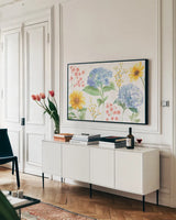 Sweet Garden I by Beth Grove. shown as a framed stretched canvas in a living room above a console. Available as a archival giclee rolled canvas, fine art paper, or poster print. SKU 95989i.