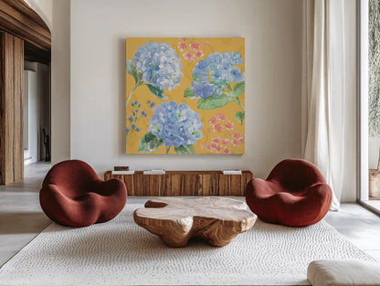 Sweet Garden IV by Beth Grove. Shown as extra-large giant wall art in a modern living room. Available as an archival giclee rolled canvas, fine art paper, or poster print. SKU 95992a.