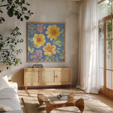 Sweet Garden V by Beth Grove. Shown in a natural wood frame in a cozy modern living room. Available as an archival giclee rolled canvas, fine art paper, or poster print. SKU 95993a.